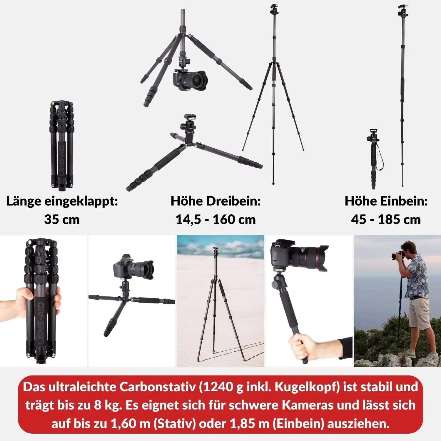 LENS-AID Treppiede Carbonio 160cm 8kg 4-in-1 Compatto