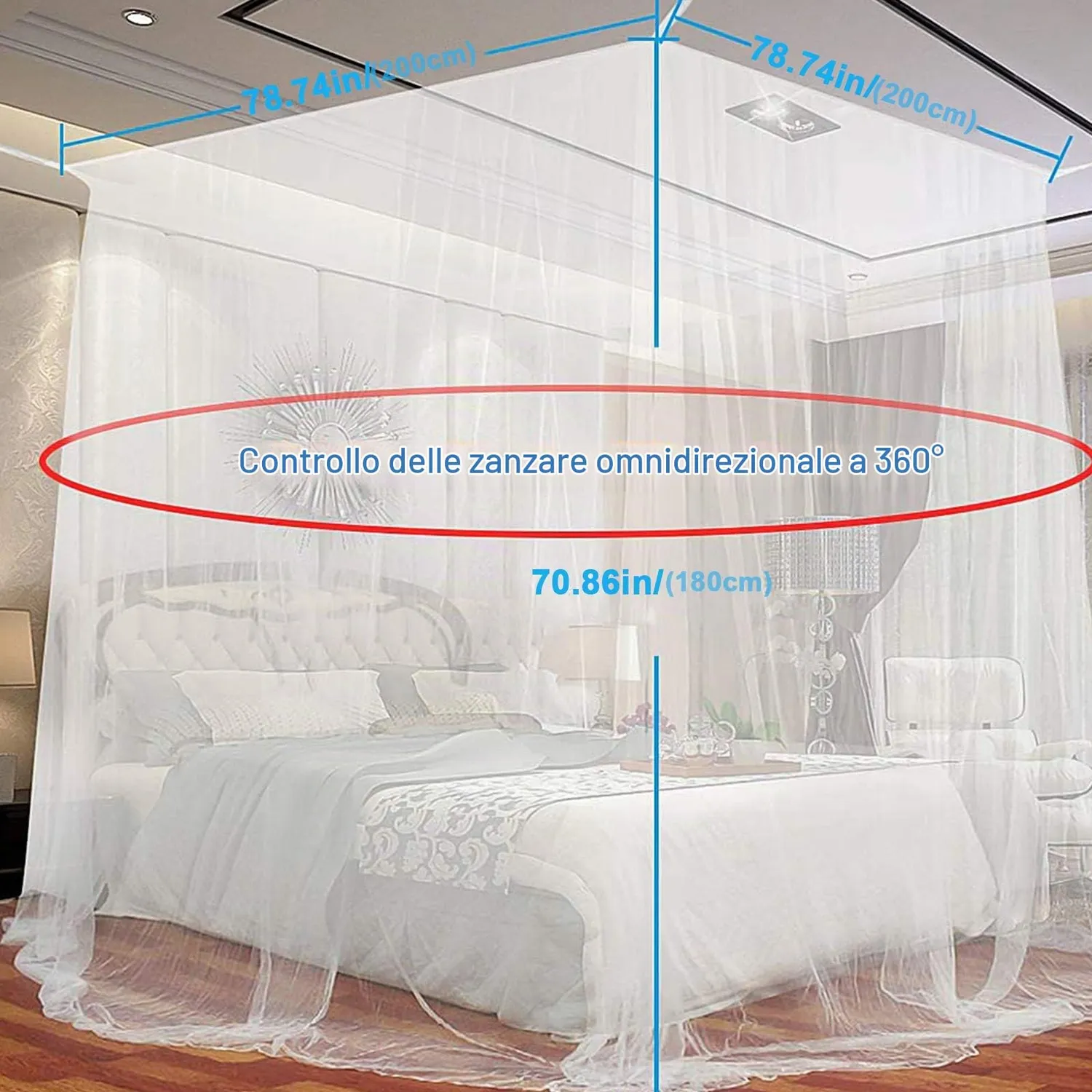 FGen Zanzariera Letto Quadrata Bianca 200x200x180 cm