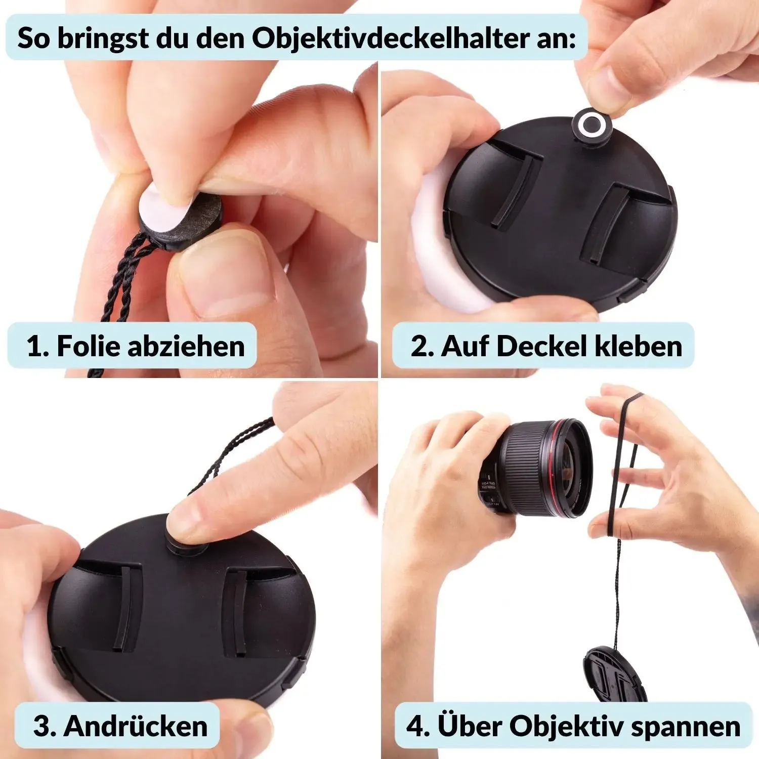 Lens-Aid portacoperchio obiettivo cordino nero set 3 pezzi