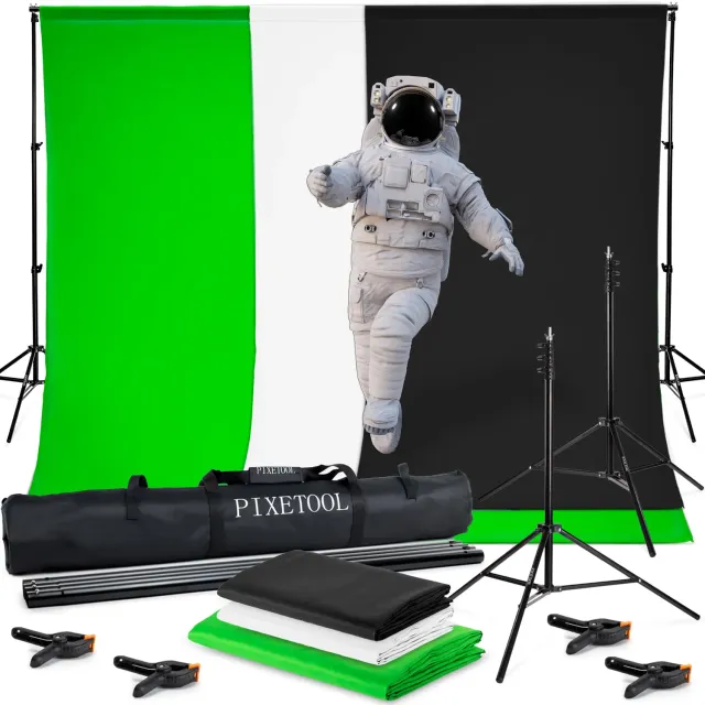 PIXETOOL Green Screen 3x3m Set Lusso con Supporto e 3 Teli