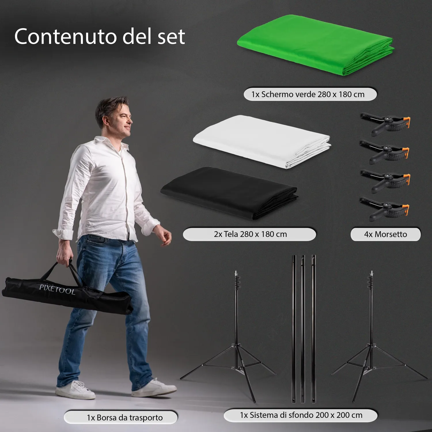 Pixetool green screen 1,8x2,8 m + supporto 2x2 m 3 teli