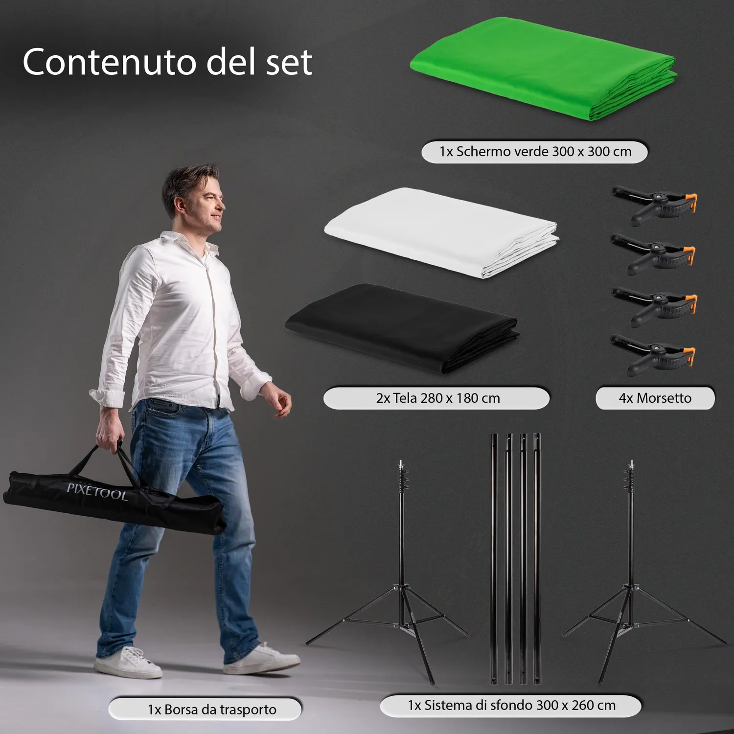 PIXETOOL Green Screen 3x3m Set Lusso con Supporto e 3 Teli