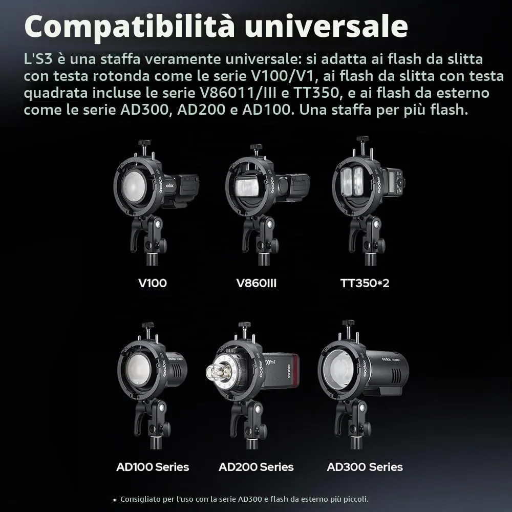 Godox S3 staffa flash attacco Bowens con foro ombrello