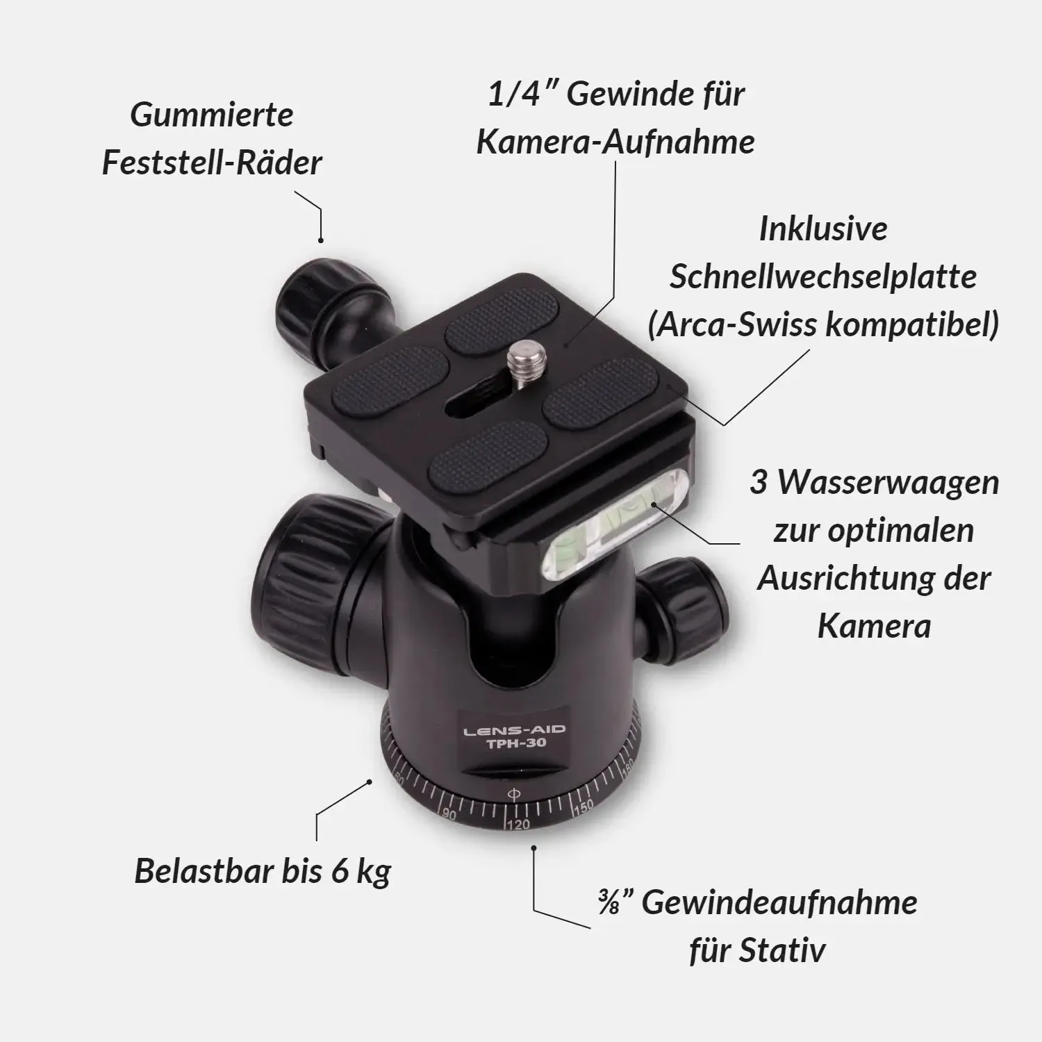 LENS-AID TPH-30 Testa Treppiede 360° Arca-Swiss 6kg
