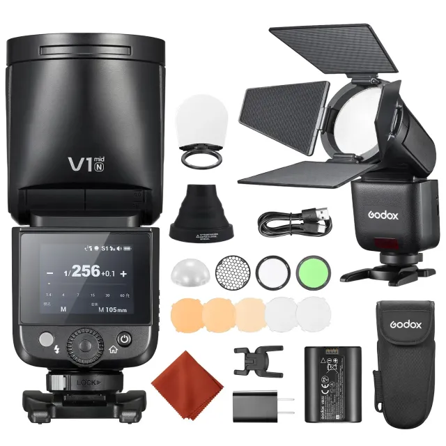 Godox V1 Mid-N flash Nikon con AK-R1 55Ws