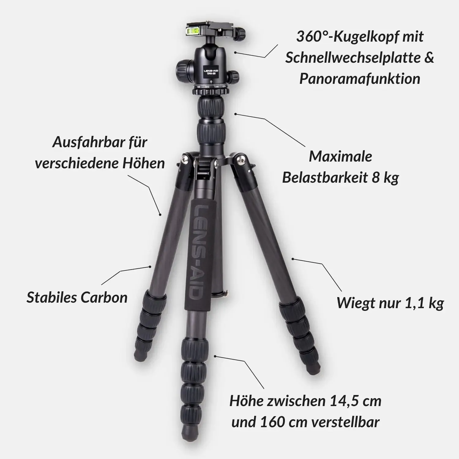 Lens-Aid treppiede carbonio con braccio estensione 185 cm