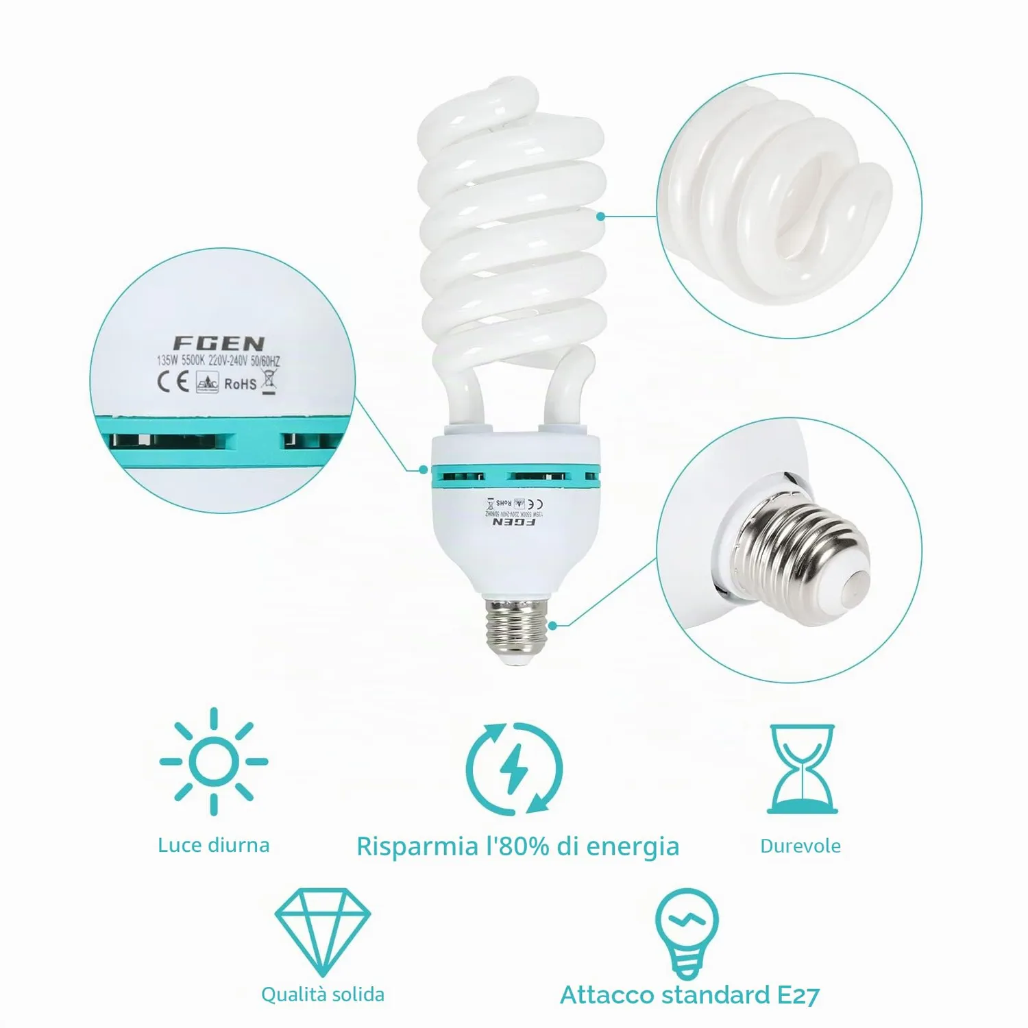 FGen CFL 135W lampadine studio E27 5500K 2 pezzi luce continua