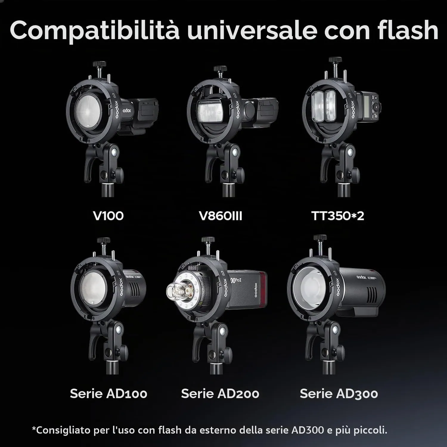 Godox S3 supporto universale flash attacco Bowens ±90°