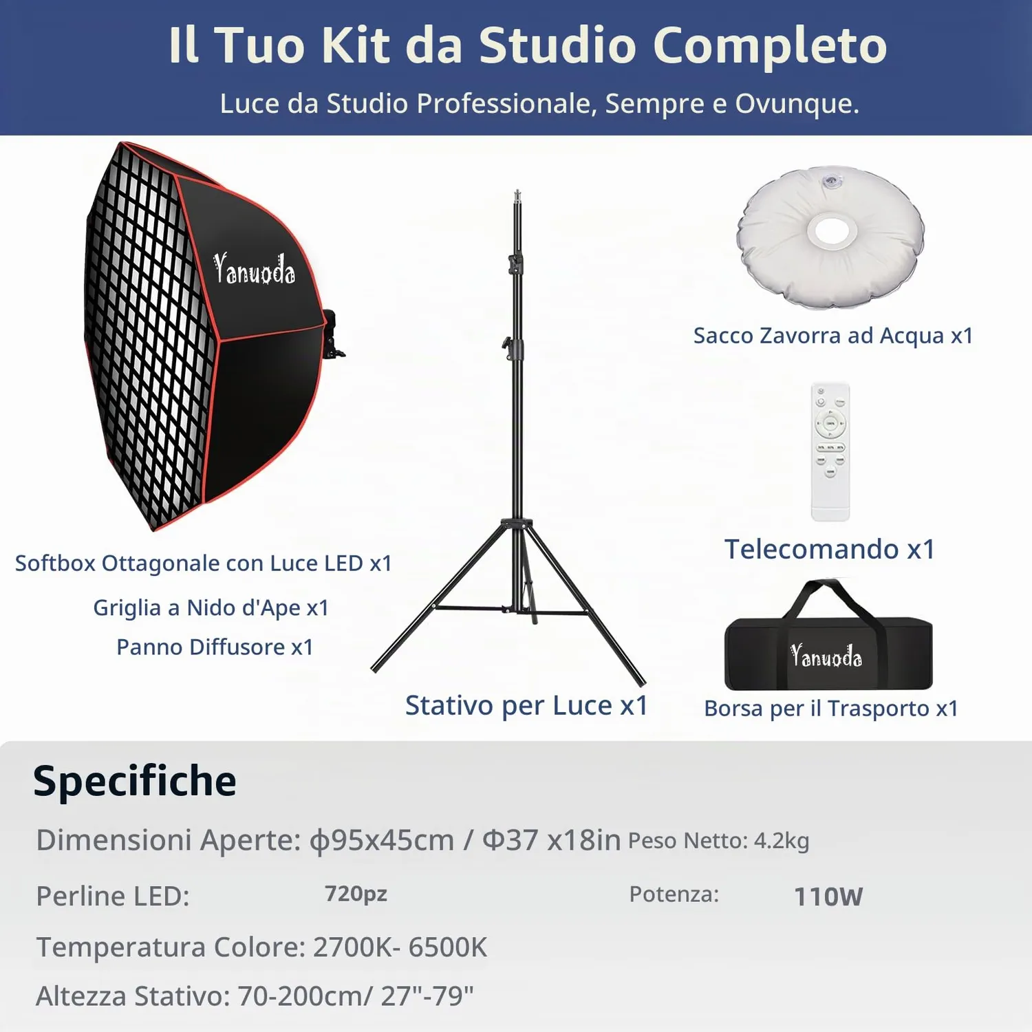 Yanuoda softbox 95cm kit luce LED 110W CRI 97 telecomando
