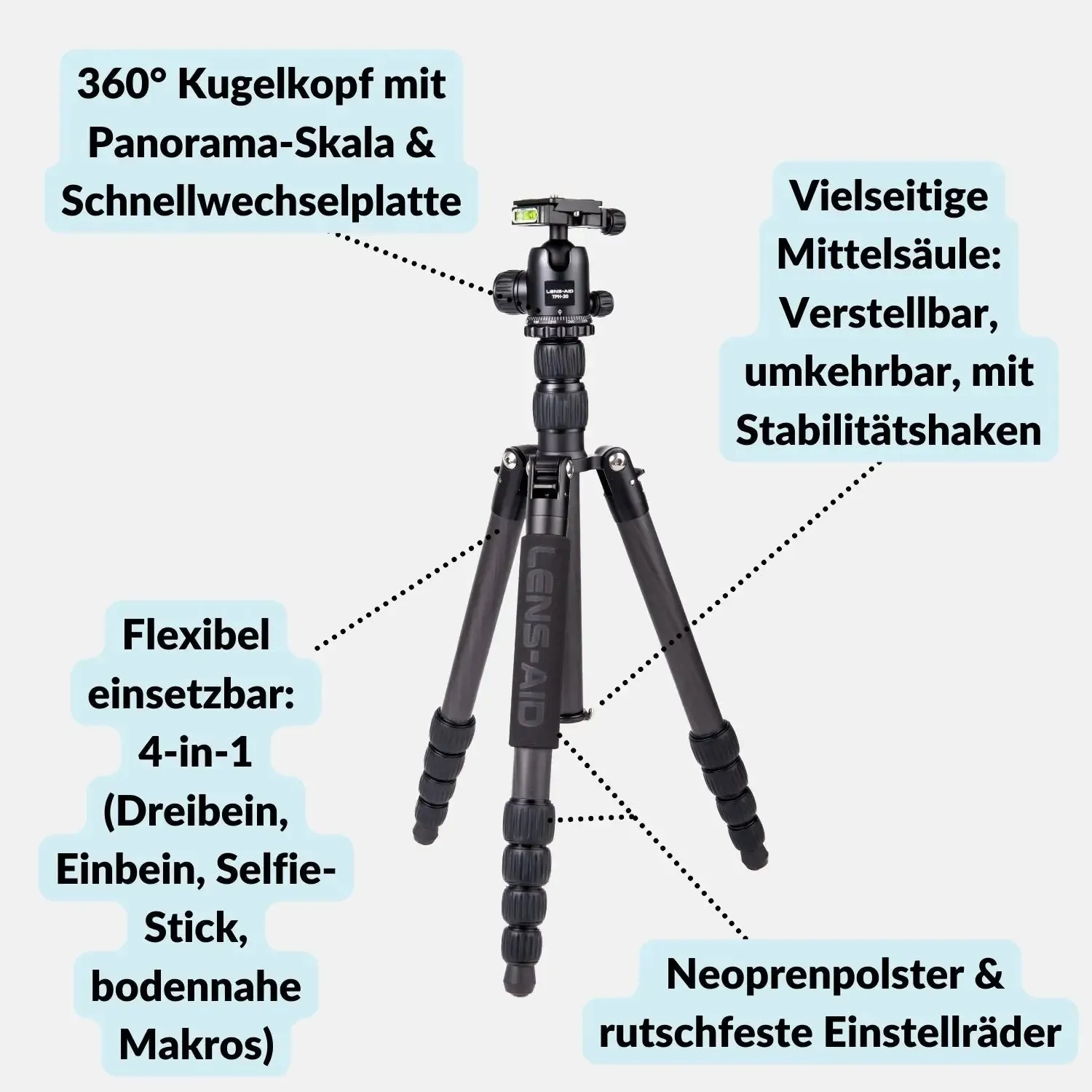LENS-AID Treppiede Carbonio 160cm 8kg 4-in-1 Compatto