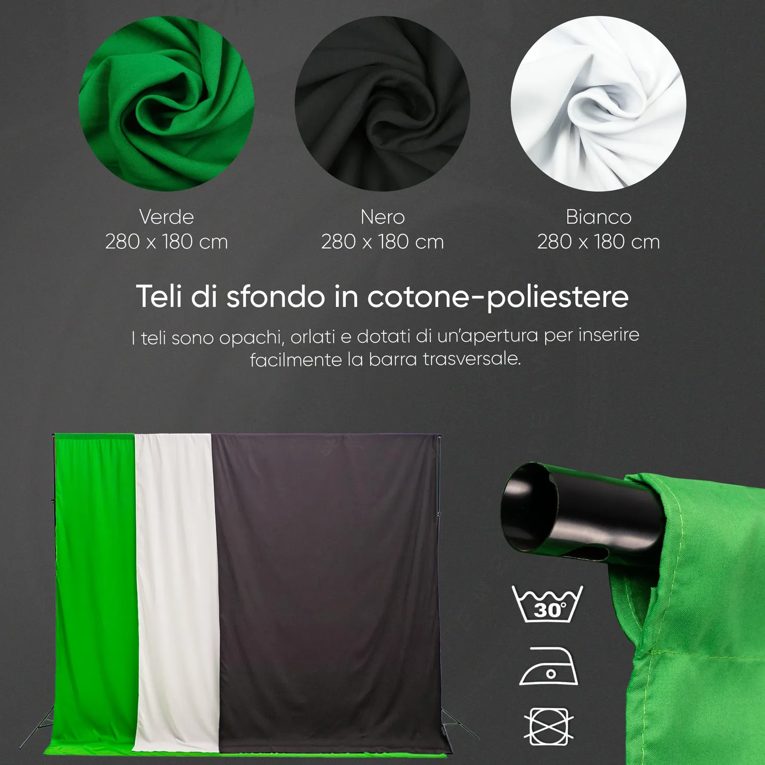 Pixetool green screen 1,8x2,8 m + supporto 2x2 m 3 teli