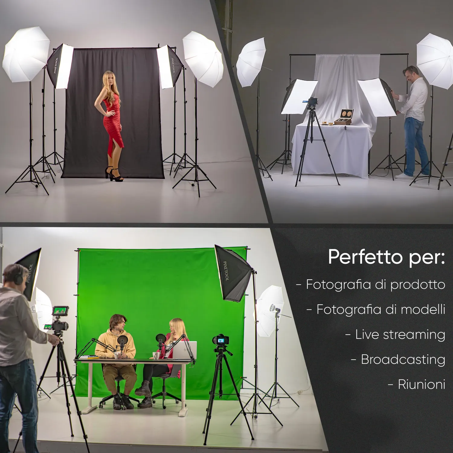 PIXETOOL Green Screen 3x3m Set Lusso con Supporto e 3 Teli