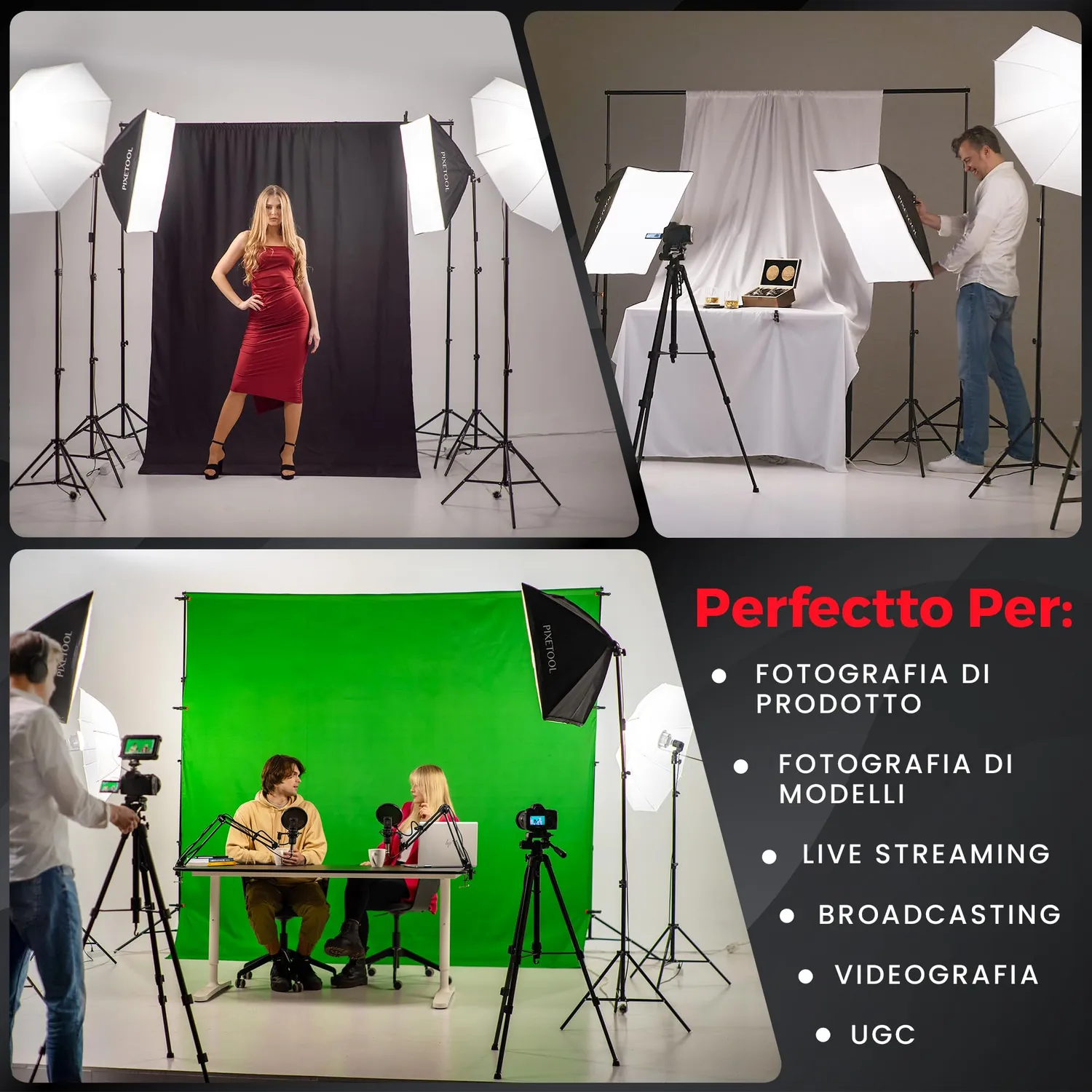 PIXETOOL Set Studio Fotografico XL softbox LED fondali