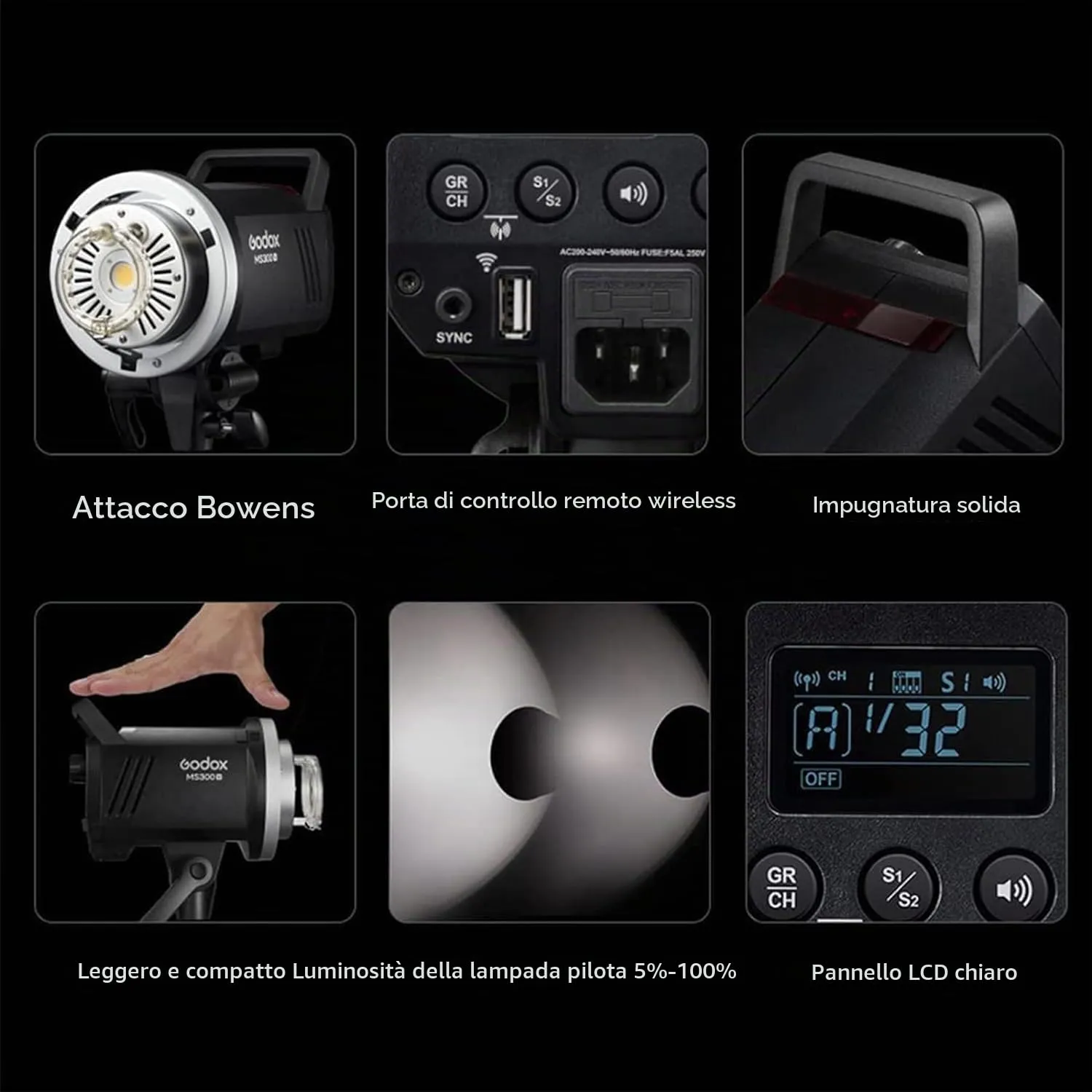Godox MS300V flash studio 300W Bowens con LED modellante 10W
