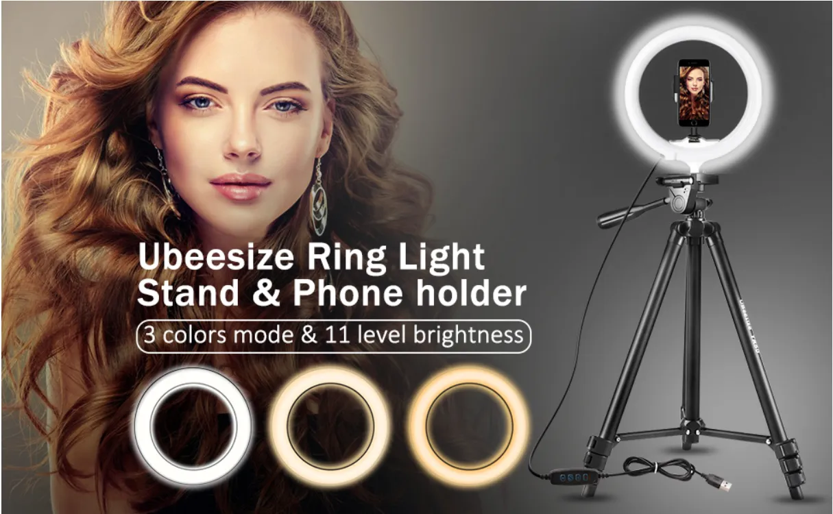 UBeesize 10.2" ring light anulare con treppiede 50" 3 colori