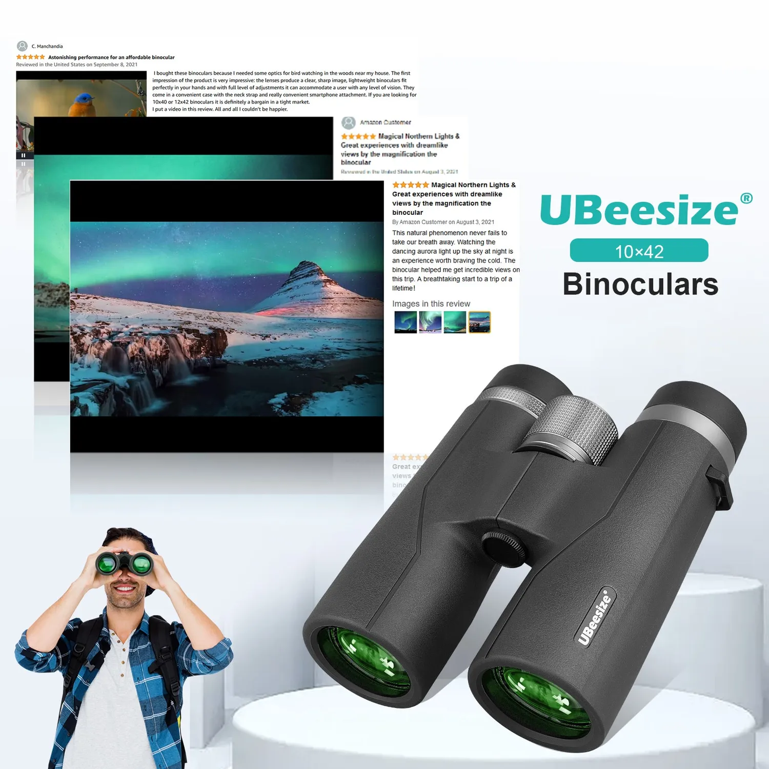 UBeesize 10x42 Binocolo 42mm Nero con prismi BaK-4