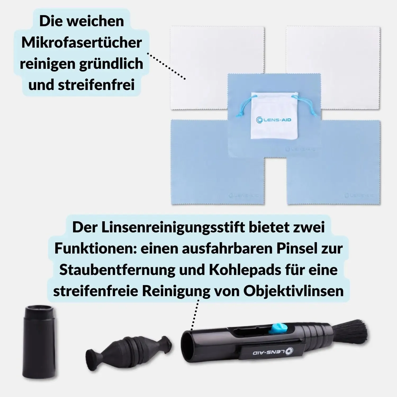 LENS-AID lens pen + 5 panni microfibra kit pulizia