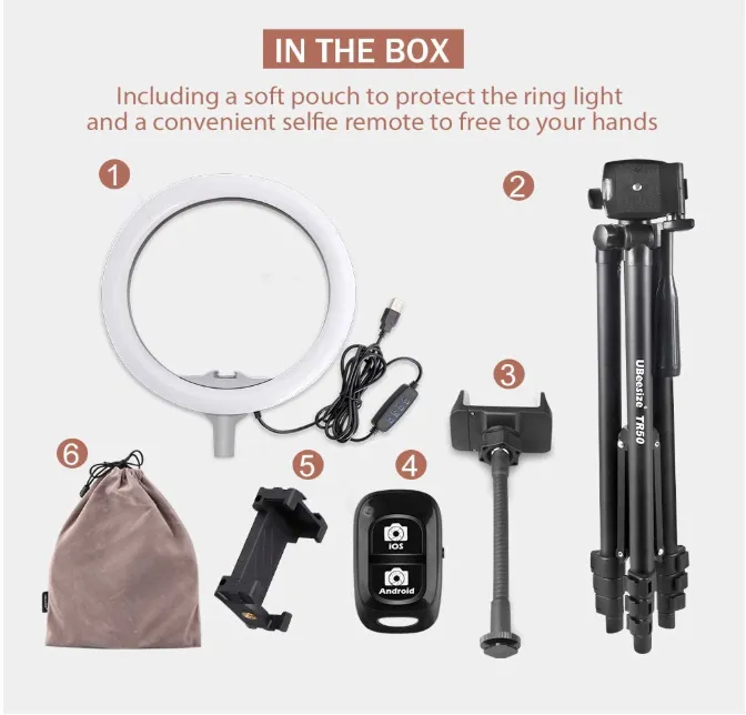 UBeesize 10.2" ring light anulare con treppiede 50" 3 colori