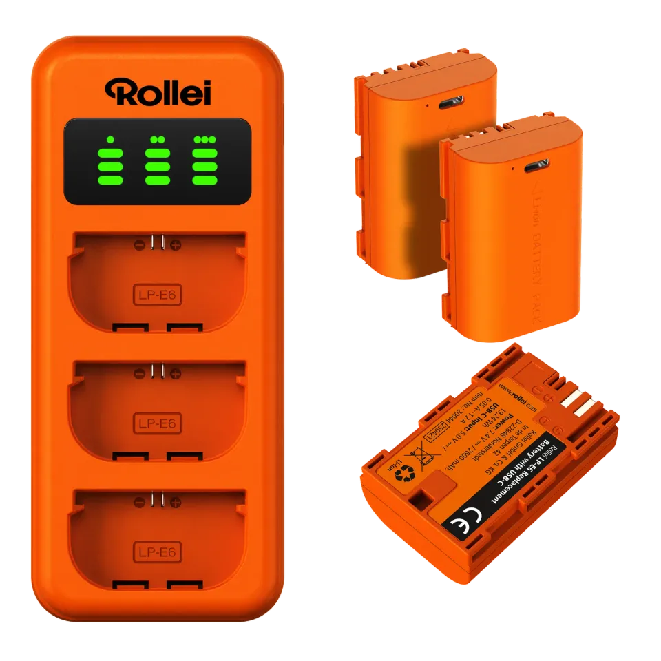 Rollei LP-E6 Canon kit 3 batterie + caricatore USB-C