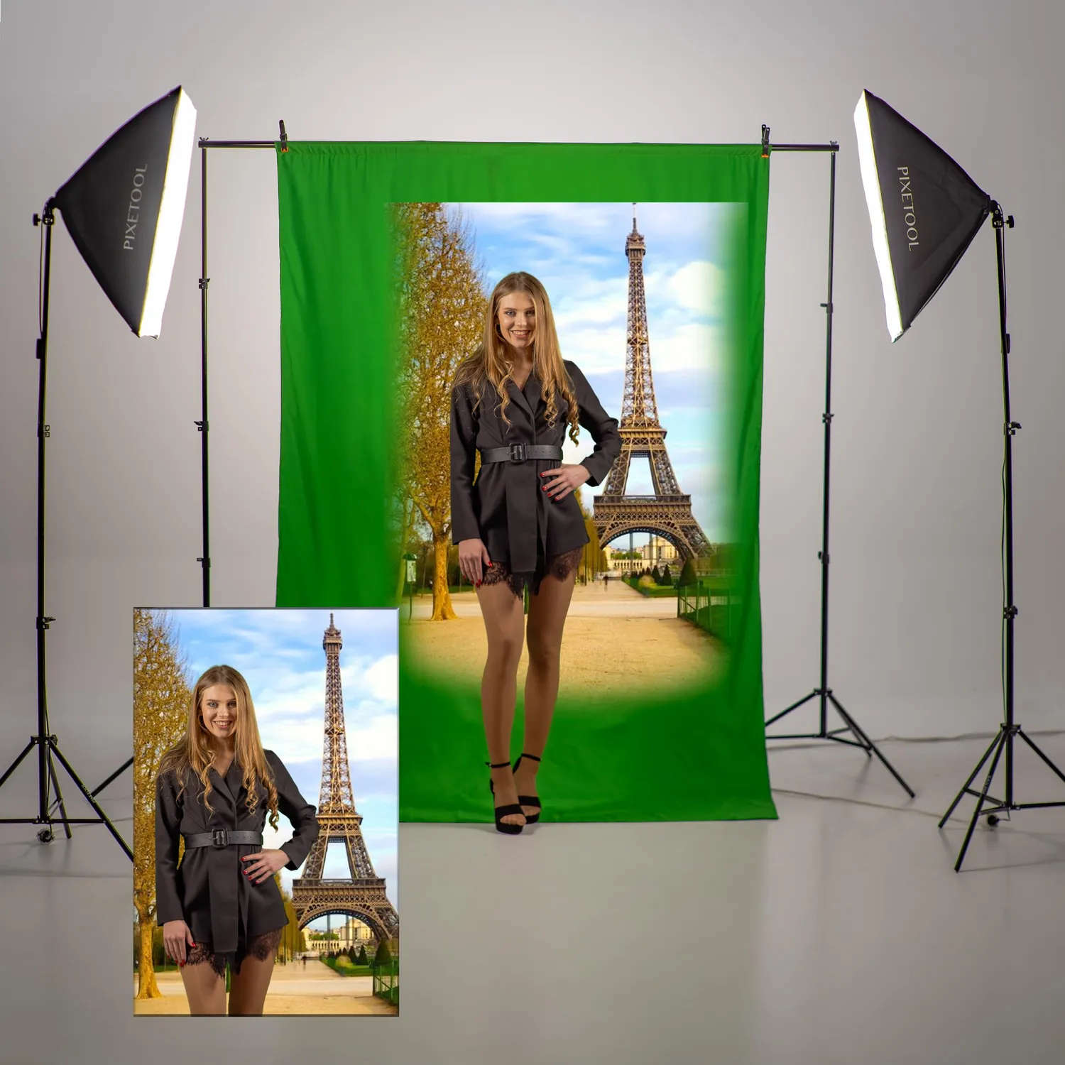 Pixetool green screen 1,8x2,8 m + supporto 2x2 m 3 teli